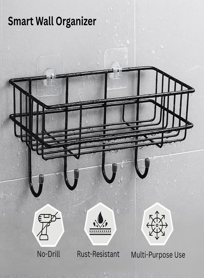 Well Set Self-Adhesive Multipurpose Bathroom Shelf with Hooks/Towel Holder/Rack/Bathroom Accessories-Wall Mount - Pack of 1 (Black,Powder Coated) - Image 3